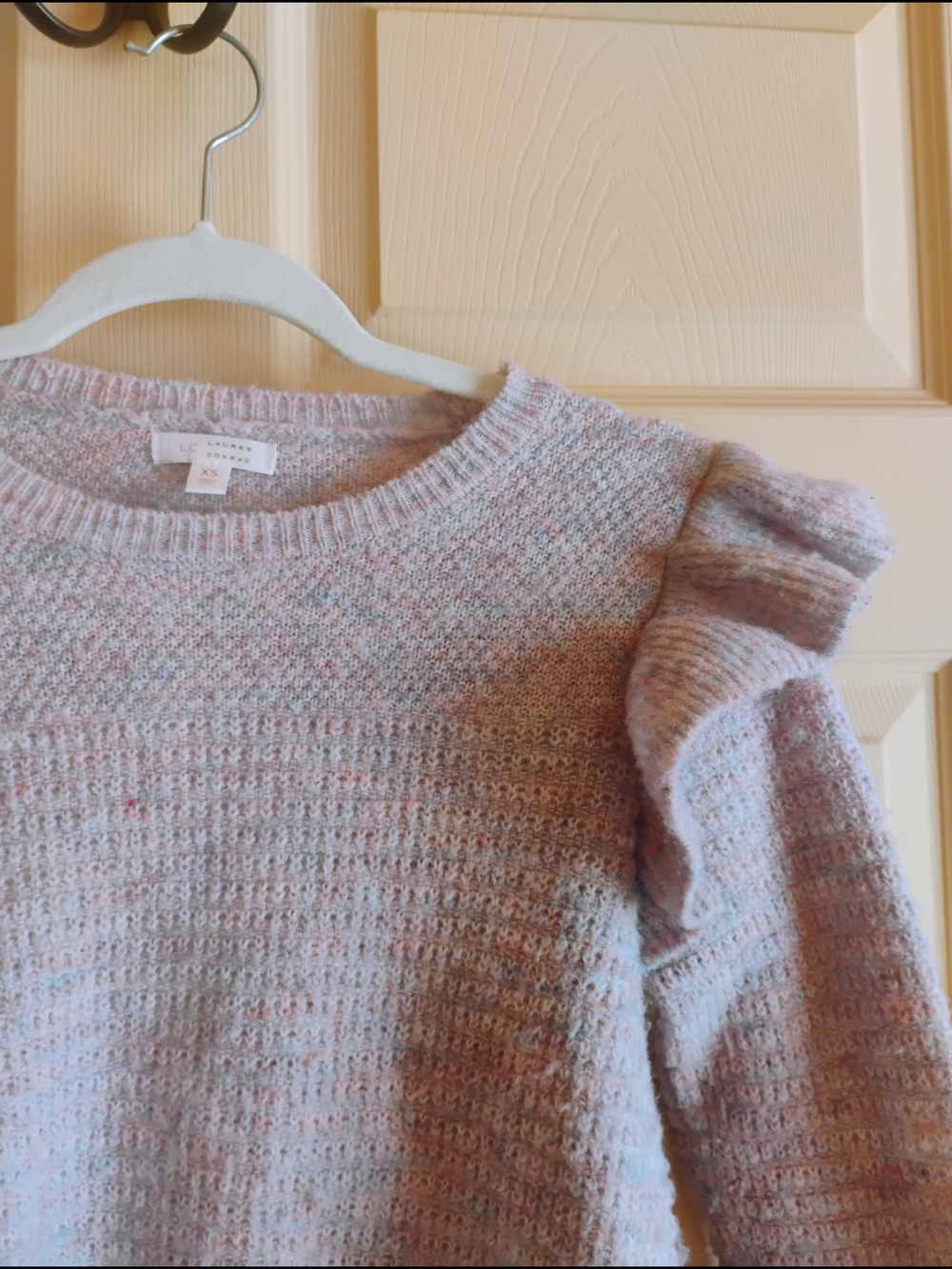LOFT Heathered Ruffle Shoulder Crew Sweater